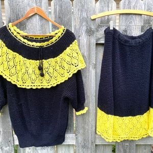 Black crochet sweater top and skirt with yellow trim